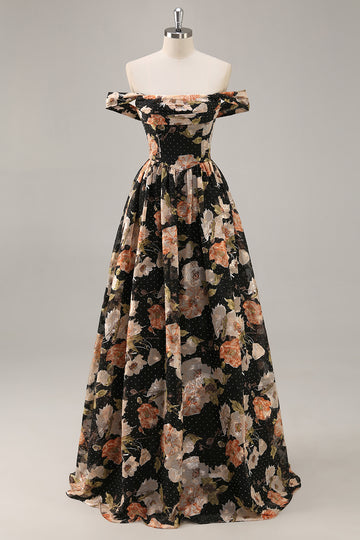 Sparkly Black Floral Ruched Long Bridesmaid Dress with Beading